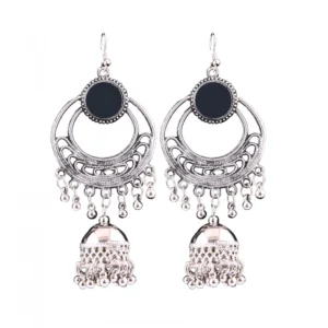 Women's Silver Oxidized Hook Dangler Hanging Afgani Tribal Fancy Earrings-Silver