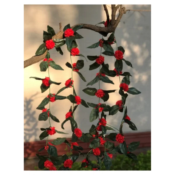 Artificial Red Marigold Genda Flower Vine Creeper With Big Green Leaves For Home Decoration (Color: Red, Material: Silk Polyester) - Image 3