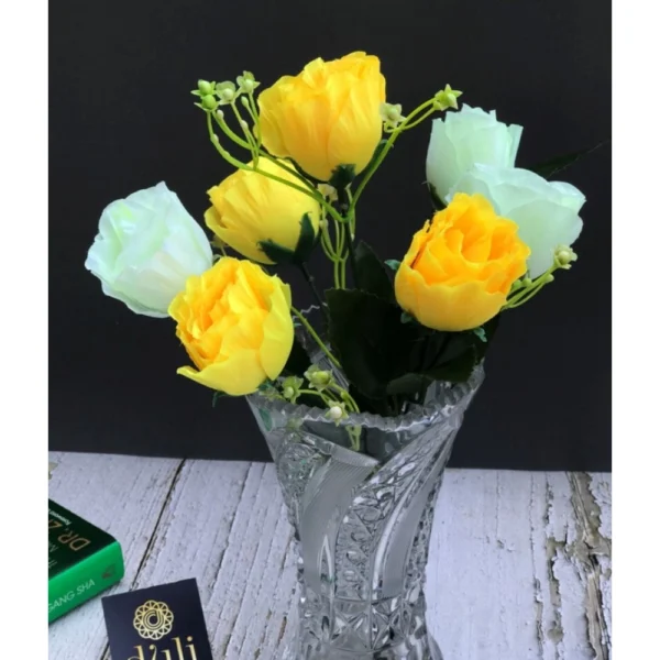 Artificial Rose Flowers Bunch Bouquet Of 7 Roses For Home Decoration (Color: Yellow, Material: Silk Polyester) - Image 2