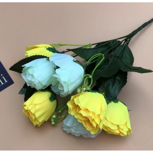 Artificial Rose Flowers Bunch Bouquet Of 7 Roses For Home Decoration (Color: Yellow, Material: Silk Polyester) - Image 3