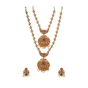 Women's Elegent And Modern Double Line Temple Jewellery Set (Red And Green, Free Size)