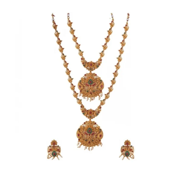 Women's Elegent And Modern Double Line Temple Jewellery Set (Red And Green, Free Size)