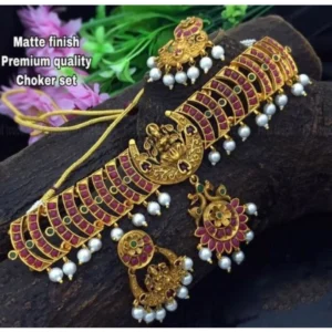 Women's Elegent Brass Chain Necklace Set (Pink, Free Size)