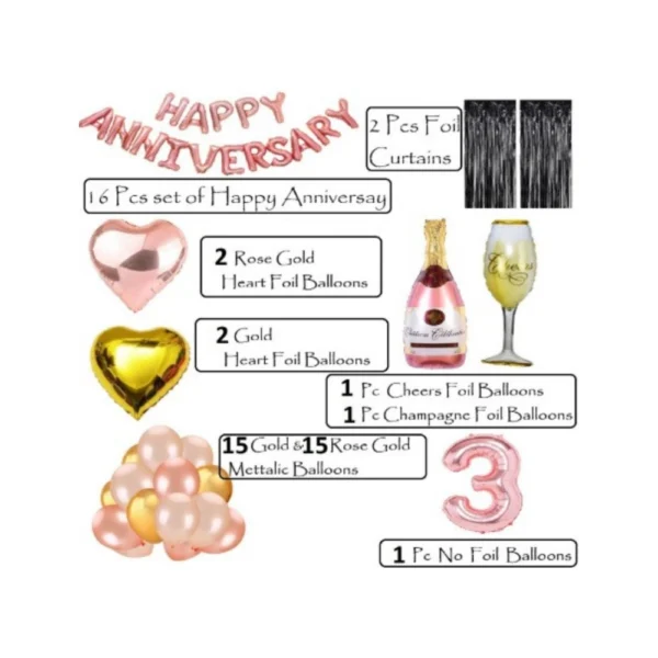 3Rd Anniversary Rose Gold Foil Balloons With Happy Decoration Items Set (Rose Gold) - Image 2