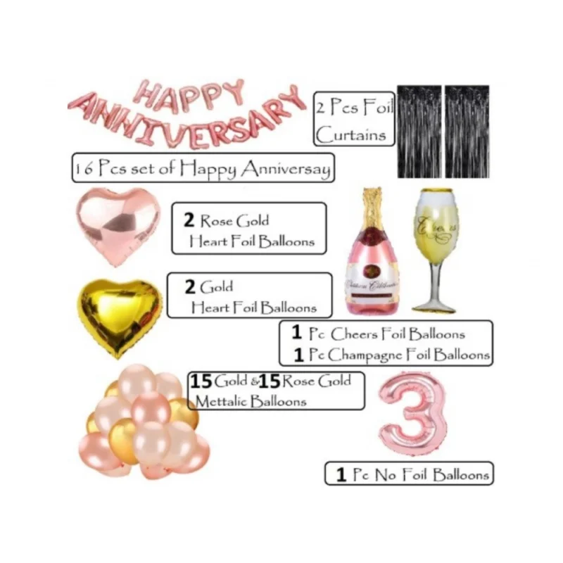 Alternative view of 3Rd Anniversary Rose Gold Foil Balloons With Happy Decoration Items Set (Rose Gold)