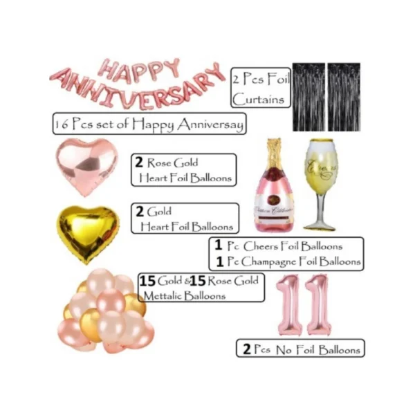 11Th Anniversary Rose Gold Foil Balloons With Happy Decoration Items Set (Rose Gold) - Image 3