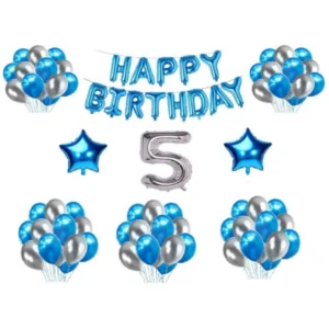 5Th Happy Birthday Decoration Combo With Foil And Star Balloons (Blue, Silver)