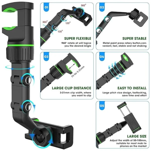 Universal Clip Cell Phone Holder Multi-Joint Flexible Adjustment For Car Rear View Mirror Back Seat Video Stand (Black) - Image 3