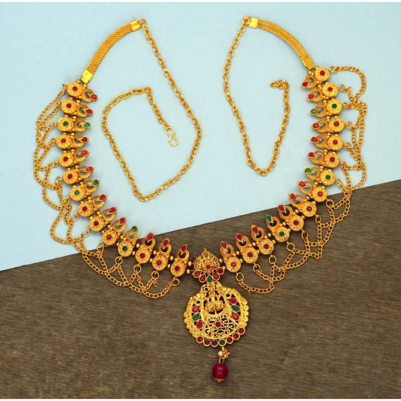 Alternative view of Women's Maroon & Green Color Glass Stone Kamarband Adjustable Chain