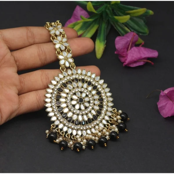 Women's Black Color Mirror Work Maang Tikka - Image 2