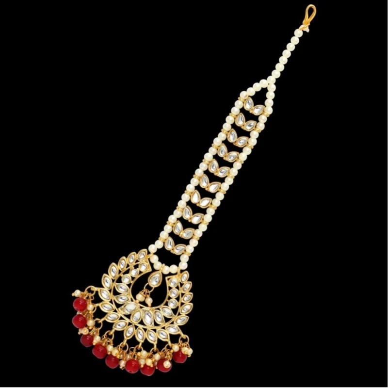 Alternative view of Women's Maroon Color Imitation Pearl & Kundan Maang Tikka