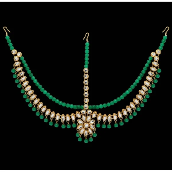 Women's Green Color Imitation Pearl & Kundan Work Matha Patti - Image 3