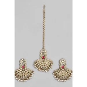 Women's Rose Gold Plated Alloy Kundan Earrings & Mangtikka (White)
