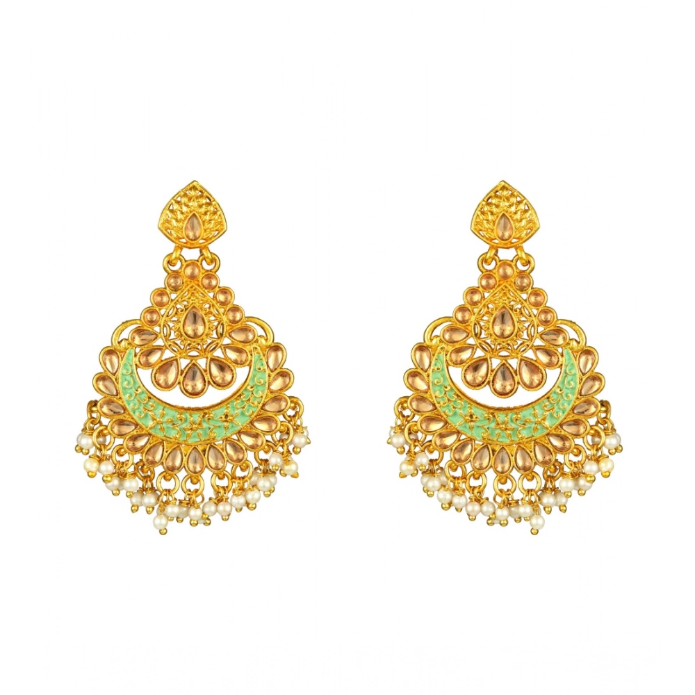 Women's Rose Gold Plated Alloy Kundan Earrings & Mangtikka (Green) - Image 3