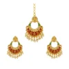 Women's Rose Gold Plated Alloy Kundan Earrings & Mangtikka (Red & Green)