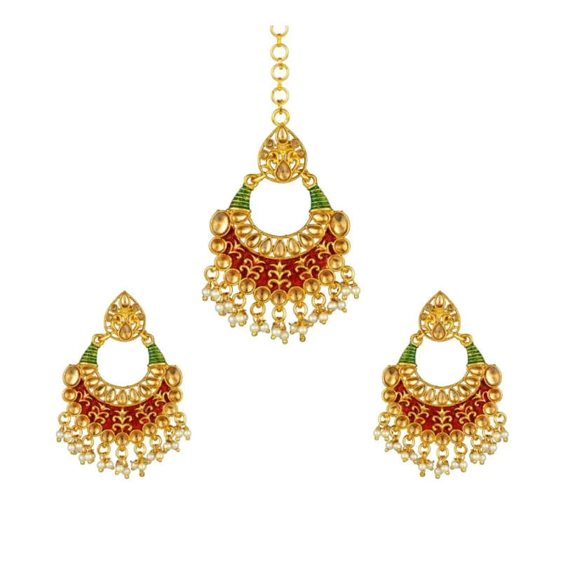 Women's Rose Gold Plated Alloy Kundan Earrings & Mangtikka (Red & Green)