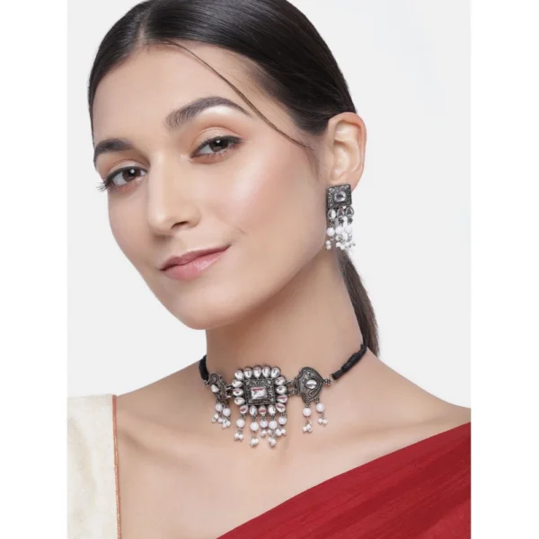 Women's Rose Gold Plated Alloy Necklace & Earings Set (Silver) - Image 2