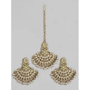 Women's Rose Gold Plated Alloy Kundan Earrings & Mangtikka (White)