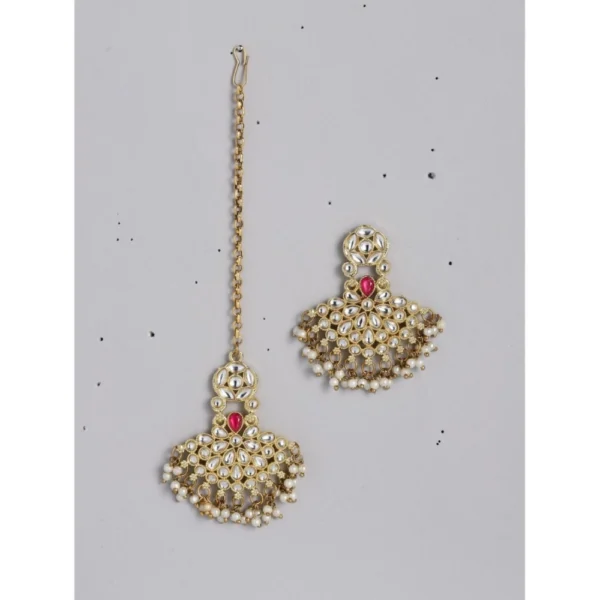 Women's Rose Gold Plated Alloy Kundan Earrings & Mangtikka (White) - Image 2