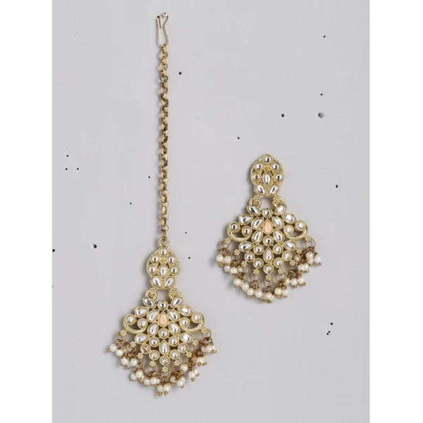 Women's Rose Gold Plated Alloy Kundan Earrings & Mangtikka (White) - Image 2