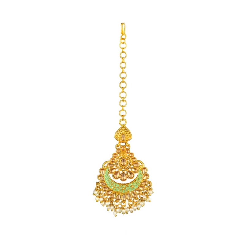 Alternative view of Women's Rose Gold Plated Alloy Kundan Earrings & Mangtikka (Green)
