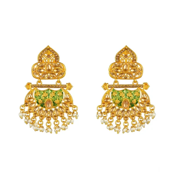 Women's Rose Gold Plated Alloy Kundan Earrings & Mangtikka (Green) - Image 4