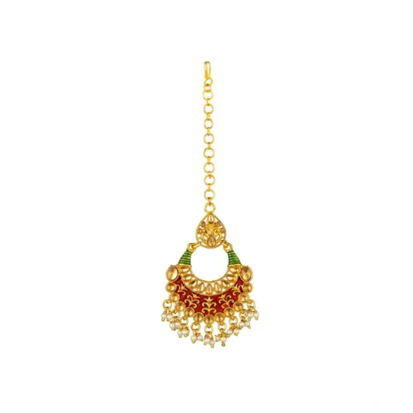 Women's Rose Gold Plated Alloy Kundan Earrings & Mangtikka (Red & Green) - Image 5