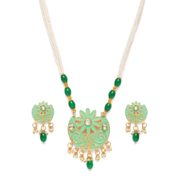 Women's Rose Gold Plated Alloy Necklace & Earings Set (Green) - Image 3