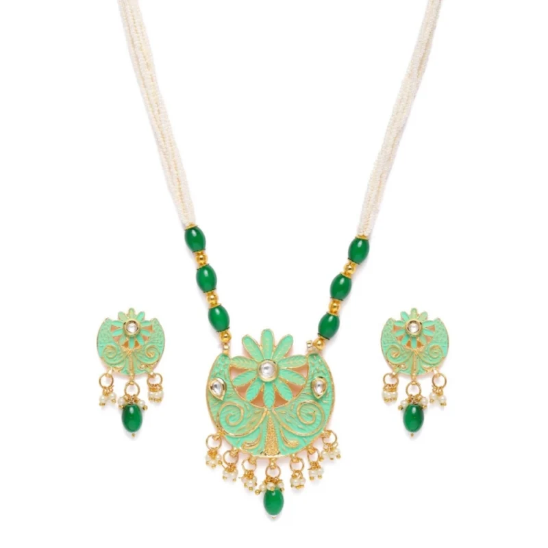 Alternative view of Women's Rose Gold Plated Alloy Necklace & Earings Set (Green)