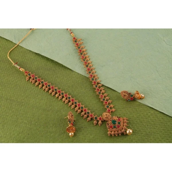 Women's Rose Gold Plated Alloy Necklace & Earings Set (Green & Red) - Image 2