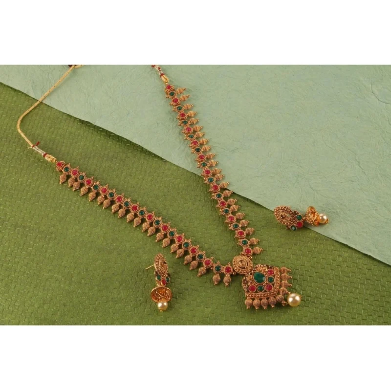 Alternative view of Women's Rose Gold Plated Alloy Necklace & Earings Set (Green & Red)