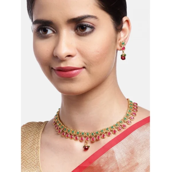 Women's Rose Gold Plated Alloy Necklace & Earings Set (Green & Red) - Image 3