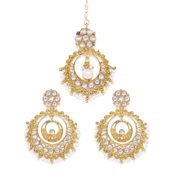 Women's Rose Gold Plated Alloy Kundan Earrings & Mangtikka (White) - Image 2