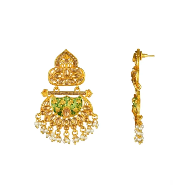 Women's Rose Gold Plated Alloy Kundan Earrings & Mangtikka (Green) - Image 2