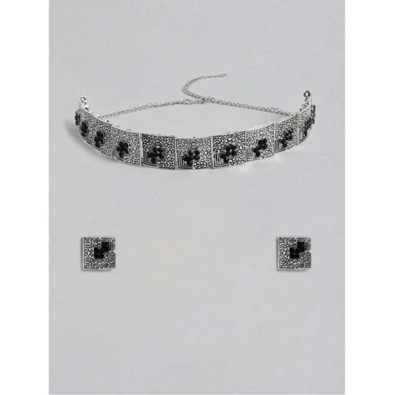 Women's Rose Gold Plated Alloy Necklace & Earings Set (Silver & Black)