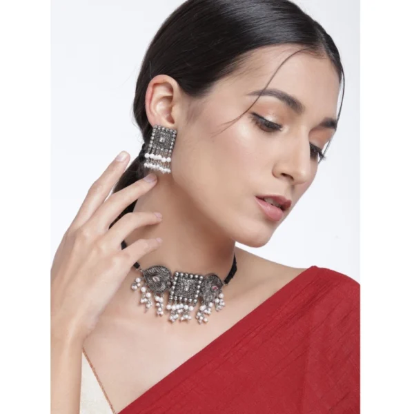 Women's Rose Gold Plated Alloy Necklace & Earings Set (Silver) - Image 3