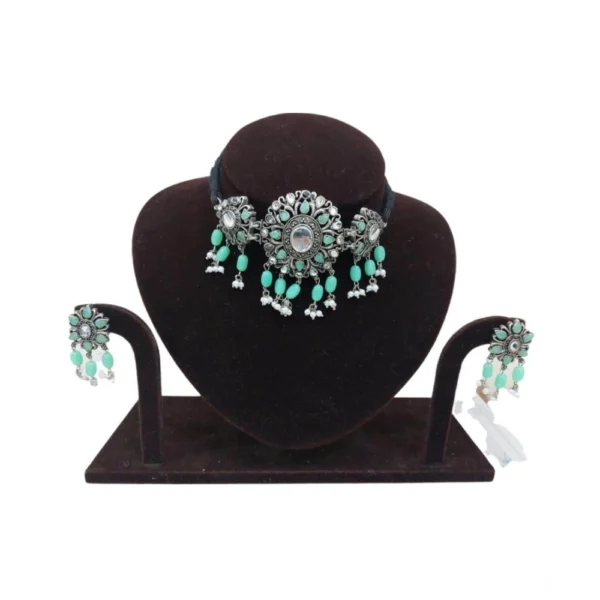 Women's Rose Gold Plated Alloy Necklace & Earings Set (Light Green) - Image 5