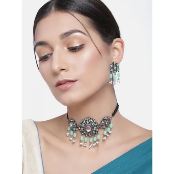 Women's Rose Gold Plated Alloy Necklace & Earings Set (Light Green) - Image 2