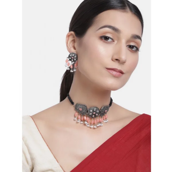 Women's Rose Gold Plated Alloy Necklace & Earings Set (Orange) - Image 3