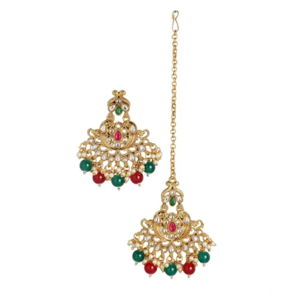 Women's Rose Gold Plated Alloy Kundan Earrings & Mangtikka (Red & Green) - Image 4