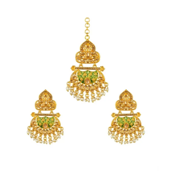Women's Rose Gold Plated Alloy Kundan Earrings & Mangtikka (Green) - Image 5