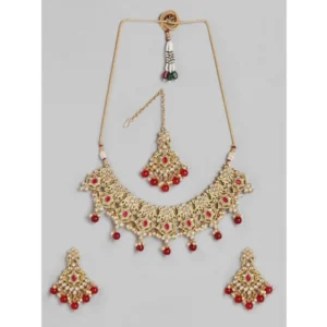 Women's Rose Gold Plated Alloy Necklace & Earings Set (Red)