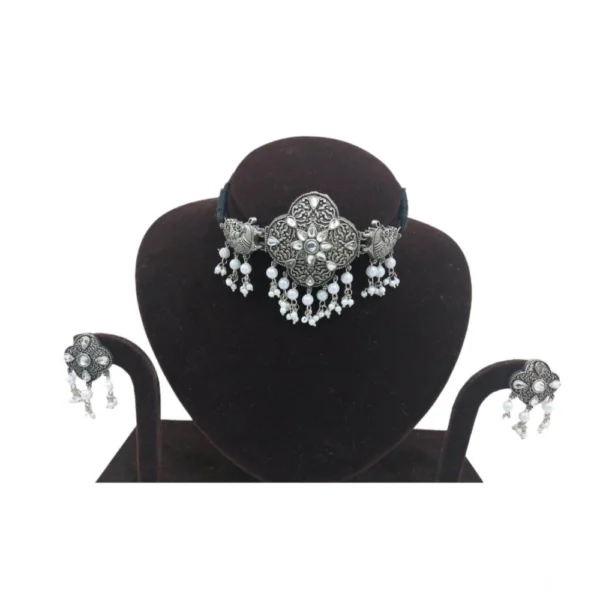 Women's Rose Gold Plated Alloy Necklace & Earings Set (Silver & White) - Image 5