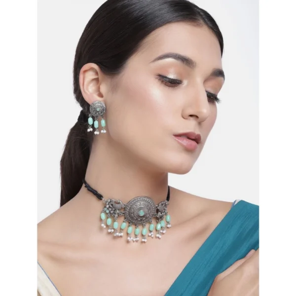 Women's Rose Gold Plated Alloy Necklace & Earings Set (Light Green) - Image 4