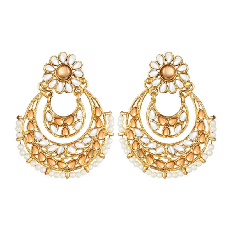 Women's Rose Gold Plated Alloy Kundan Earrings & Mangtikka (White & Gold)