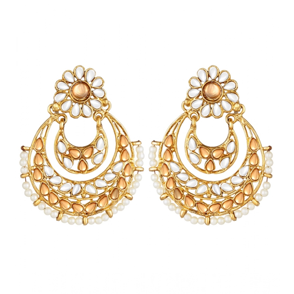 Women's Rose Gold Plated Alloy Kundan Earrings & Mangtikka (White & Gold)