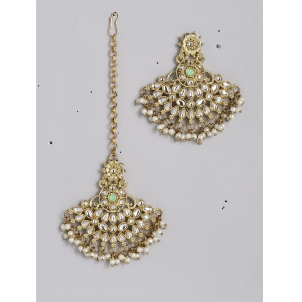 Women's Rose Gold Plated Alloy Kundan Earrings & Mangtikka (White) - Image 2