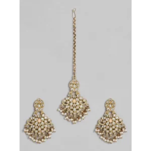 Women's Rose Gold Plated Alloy Kundan Earrings & Mangtikka (White)