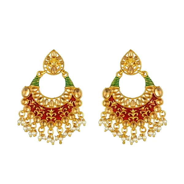 Women's Rose Gold Plated Alloy Kundan Earrings & Mangtikka (Red & Green) - Image 2
