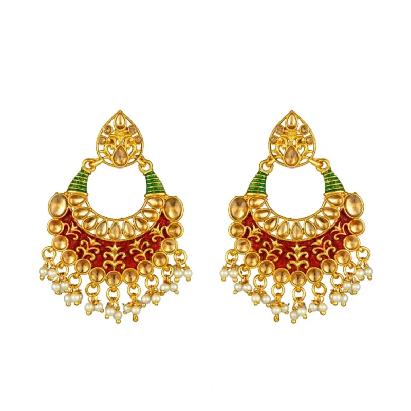 Alternative view of Women's Rose Gold Plated Alloy Kundan Earrings & Mangtikka (Red & Green)